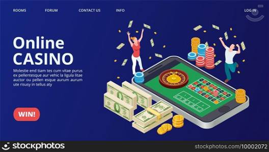 Casino landing page. Isometric online casino, gambling, roulette vector. Lucky winner concept. Casino online with roulette and win jackpot illustration. Casino landing page. Isometric online casino, gambling, roulette vector. Lucky winner concept