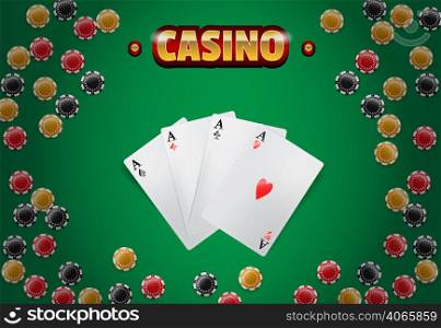 Casino lettering, chips and four aces. Casino business advertising design. For posters, banners, leaflets and brochures.