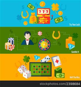 Casino luck poker games risk activity flat horizontal banners set isolated vector illustration