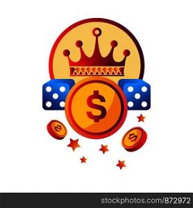 Casino modern club promotional logotype with royal crown, gold coins and blue dice. Game that includes money stacks and rely on chance commercial emblem isolated cartoon vector illustration.. Casino modern club promotional logotype with royal crown