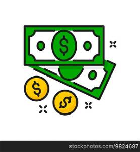 Casino money sign, cash or treasure color line icon. Vector american dollar and coin, jackpot win money, business investment currency, earnings. American dollar and coin, casino money sign