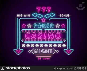 Casino neon signboard. Realistic gambling bright luminous stand. Advertising glowing color emblem. Poker time. Jackpot win. Electric light shiny billboard with stars. Risky card game. Vector concept. Casino neon signboard. Realistic gambling bright luminous stand. Advertising glowing emblem. Poker time. Jackpot win. Electric light billboard with stars. Risky card game. Vector concept