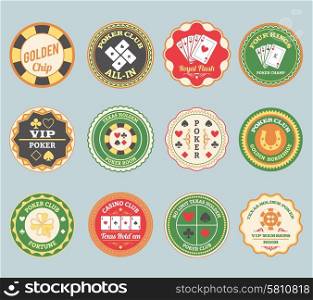 Casino online club traditional poker retro labels collection for members and international players abstract isolated vector illustration. Poker retro labels set