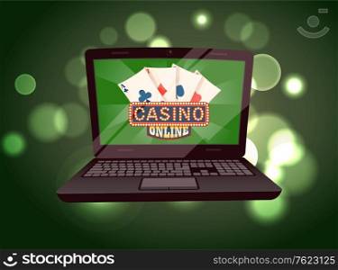 Casino online, deck of playing cards, monitor of laptop with gambling app. Entertainment in computer, poker sign, pc on green shiny background vector. Flat cartoon. Gambling Game in Computer, Casino App, Pc Vector