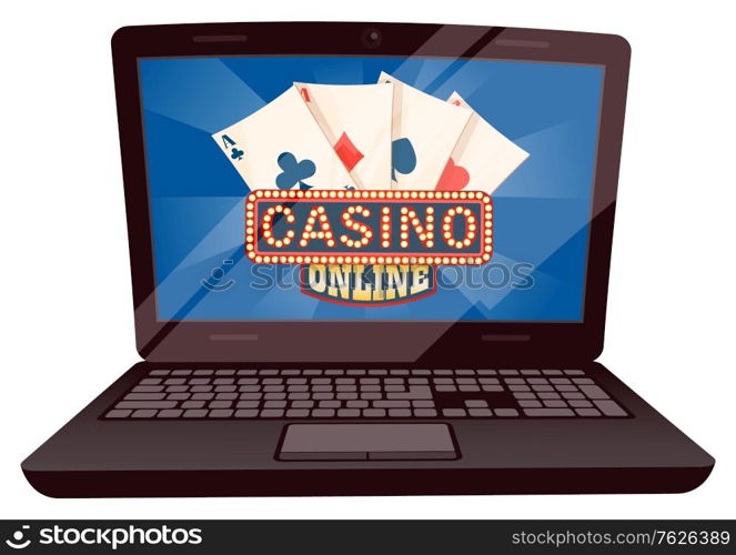 Casino online vector, isolated computer with screen showing playing cards. Gambling and betting money, earning or losing, luck and risk in poker win. Flat cartoon. Computer with Playing Cards, Casino Online Vector