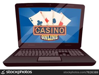 Casino online vector, isolated computer with screen showing playing cards. Gambling and betting money, earning or losing, luck and risk in poker win. Flat cartoon. Computer with Playing Cards, Casino Online Vector