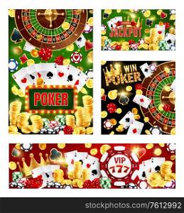 Casino poker cards, wheel of fortune roulette, dices and gaming chips. Vector casino gambling game cards with gold coins, big win cash splash, victory golden crown and poker joker cards. Casino posters. Wheel of fortune, poker cards