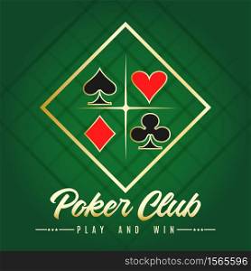 Casino poker Club Banner. Gold text with a playing card suits. Vector illustration