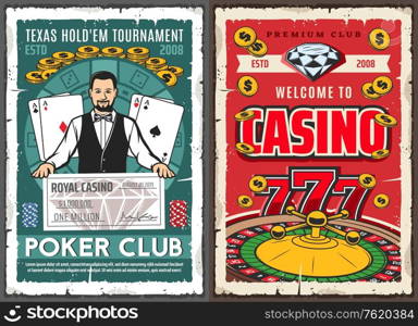 Casino poker club, gambling game jackpot win in Texas Hold them tournament. Vector croupier at royal casino with cash check, wheel of fortune roulette, lucky seven and jackpot game golden coins. Casino poker jackpot, croupier and gambling cards