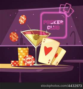 Casino Poker Club Retro Cartoon Illustration. Sparkling casino poker club with cards cocktail and chips on table in bar retro cartoon flat vector illustration