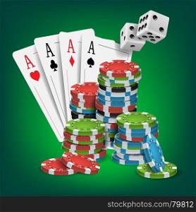 Casino Poker Design Vector. Poker Cards, Chips, Playing Gambling Cards. Lucky Night VIP Winner Concept. Illustration. Casino Poker Design Vector. Poker Cards, Chips, Playing Gambling Cards. Royal Poker Club Emblem Concept. Fortune Background Realistic Illustration