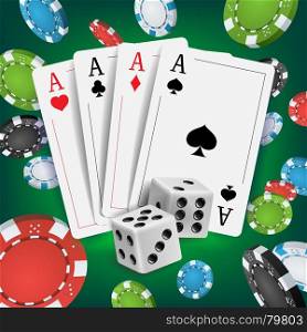 Casino Poker Design Vector. Poker Cards, Playing Gambling Cards. Poker Cards, Chips, Playing Gambling Cards. Online Casino Lucky Background Concept. Realistic Illustration. Casino Poker Design Vector. Poker Cards, Chips, Playing Gambling Cards. Lucky Night VIP Winner Concept. Illustration
