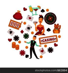 Casino poker game and jackpot win symbols poster. Vector design of casino croupier playing cards, roulette jackpot chips and money golden coins in wallet purse or lucky winner 7 numbers. Casino poker game or gambling bets poster of roulette playing cards, chips and dice vector icons