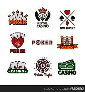 Casino poker game logo templates for online internet gamboling bets design. Vector icons set gambling dice, chips and playing cards, royal crown, roulette and jackpot lucky numbers or horseshoe. Casino poker vector icons templates of chips and gamble cards for online internet game