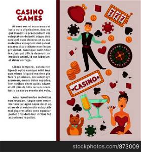 Casino poker game poster template with jackpot gamble symbols. Vector design of casino croupier playing cards, roulette jackpot chips and money golden coins in wallet purse or lucky winner 7 numbers. Casino poker game vector poster