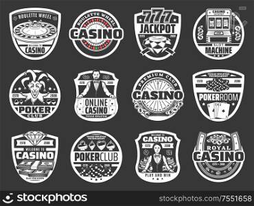 Casino poker game, roulette jackpot money win, golden coins splash. Vector online casino gambling game and wheel of fortune lucky slot machine, playing cards, chip and dice in neon sign. Online casino poker, wheel of fortune gambling