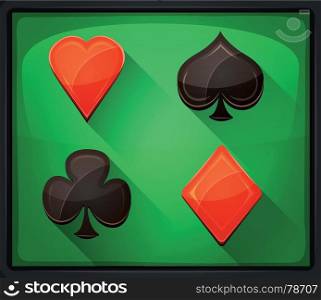 Casino Poker Icons On Green Carpet. Illustration of casino and poker icons, with spades, diamonds, hearts and clubs gambling cards symbols, on green carpet background