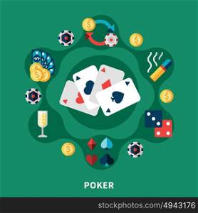 Casino Poker Icons Round Composition. Casino poker icons round composition with cards coins dice symbols flat vector illustration