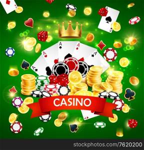 Casino poker poster with joker golden crown, sparkling golden coins win splash and gamble dice. Vector online Vegas casino wheel of fortune roulette with gambling card suits. Casino poker jackpot, wheel of fortune gamble game