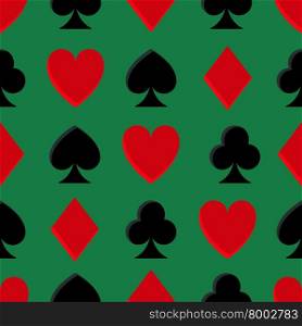 Casino poker seamless pattern. Casino poker seamless pattern on green background. Poker club casino symbol. Playing cards elements. Casino games. Vector illustration.