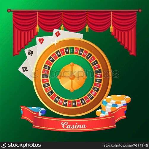 Casino postcard in green color decorated by ribbon, roulette table, ace cards and striped chips. Poster with objects of gambling, entertainment vector. Gambling Objects, Roulette and Chips, Game Vector