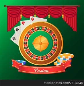 Casino postcard in green color decorated by ribbon, roulette table, ace cards and striped chips. Poster with objects of gambling, entertainment vector. Gambling Objects, Roulette and Chips, Game Vector