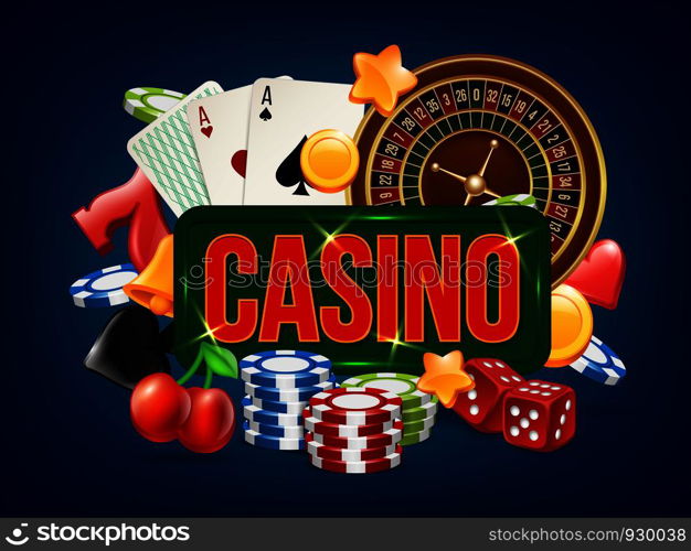 Casino poster. Advertising of poker dice bowling gambling domino and others casino games vector placard template. Dice game, poker play, luck gamble roulette illustration. Casino poster. Advertising of poker dice bowling gambling domino and others casino games vector placard template
