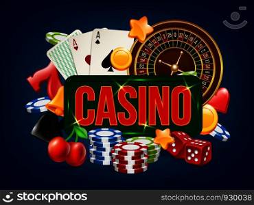 Casino poster. Advertising of poker dice bowling gambling domino and others casino games vector placard template. Dice game, poker play, luck gamble roulette illustration. Casino poster. Advertising of poker dice bowling gambling domino and others casino games vector placard template