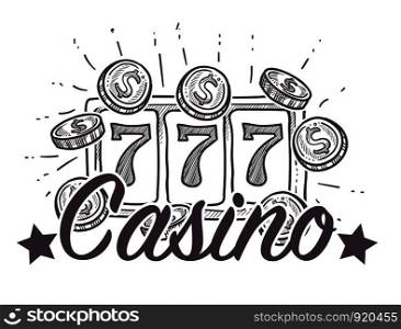 Casino poster, gambling playing in poker with chips vector. Colorless monochrome sketch outline with royal wealthy crown, hearts and diamonds on play objects. Colorless corona and stars in row. Casino poster, gambling playing in poker with chips vector.