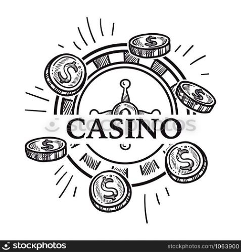 Casino poster, gambling playing in poker with chips vector sign. Colorless monochrome sketch outline with royal wealthy crown, hearts and diamonds on play objects. Colorless corona and stars in row. Casino poster, gambling playing in poker with chips vector.