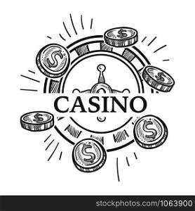 Casino poster, gambling playing in poker with chips vector sign. Colorless monochrome sketch outline with royal wealthy crown, hearts and diamonds on play objects. Colorless corona and stars in row. Casino poster, gambling playing in poker with chips vector.