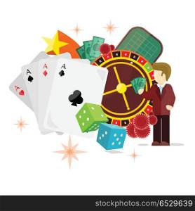 Casino Poster Roulette Card Dice Money Croupier. Casino poster with roulette wheel, cards dice money coins chips crap game dealer stars croupier isolated on white. Gambling luck, fortune and bet, risk and leisure, jackpot chance. Vector illustration