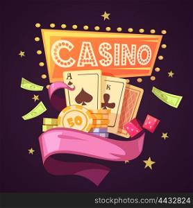 Casino Retro Cartoon Illustration. Sparkling casino with cards chips money dice and pink ribbon on purple background flat retro cartoon vector illustration