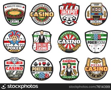 Casino roulette and poker croupier vector icons of gambling games. Casino play cards, roulette wheels, dice and chips, jackpot, slot machine, blackjack, cash money and gold coins, lucky horseshoe, 777. Casino roulette, poker, croupier, dice, card icons