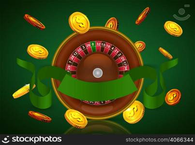 Casino roulette, flying golden coins and green ribbon. Casino business advertising design. For posters, banners, leaflets and brochures.