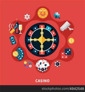 Casino Roulette Icons Round Composition. Casino roulette icons round composition with cards coins dice symbols flat vector illustration