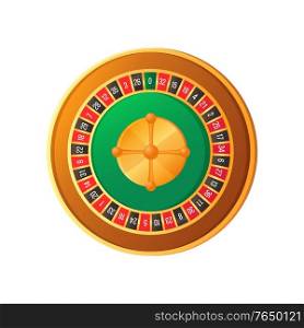 Casino roulette with numbers, round table for poker, wheel element of entertainment, circle glossy object on white, fortune element, gambling icon vector. Gambling Icon, Round Table, Roulette Object Vector