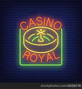Casino royal neon sign. Roulette in square frame on brick wall background. Night bright advertisement. Vector illustration in neon style for online casino
