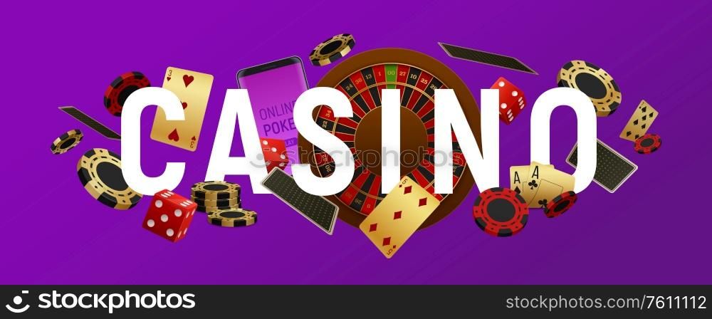 Casino sign letters poker club header title marquee realistic horizontal banner with cards roulette wheel vector illustration