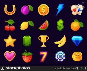 Casino slot machine icons, gambling game symbols. Cartoon elements for mobile casino app. Cherry, coins, prize trophy and cards vector set. Illustration of casino slot symbol, gambling icon. Casino slot machine icons, gambling game symbols. Cartoon elements for mobile casino app. Cherry, coins, prize trophy and cards vector set