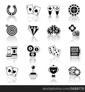 Casino smart and video games black and white icons set with horseshoe chess chips isolated vector illustration