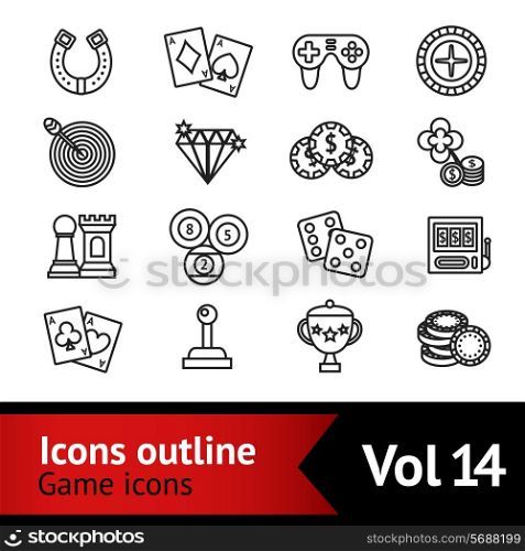 Casino smart and video games outline icons set with target diamond chips isolated vector illustration