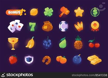 Casino symbols. Cartoon slot machine and spinning game colorful shiny icons, 2D game UI elements of fruits star heart playing card symbols. Vector set of gambling cherry seven for lottery illustration. Casino symbols. Cartoon slot machine and spinning game colorful shiny icons, 2D game UI elements asset of fruits star heart playing card symbols. Vector set