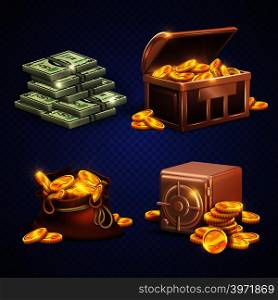 Casino vector 3d signs and money icons. Dollars, gold coins in safe deposit and moneybag. Golden heap coins in box, illustration of wooden chest with money. Casino vector 3d signs and money icons. Dollars, gold coins in safe deposit and moneybag