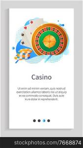 Casino vector, entertainment and recreation, hobby gambling playing poker, cards with chips and roulette with numbers, gaming jackpot with text. Website or app slider template, landing page flat style. Casino Gambling, Roulette and Cards Chips Web