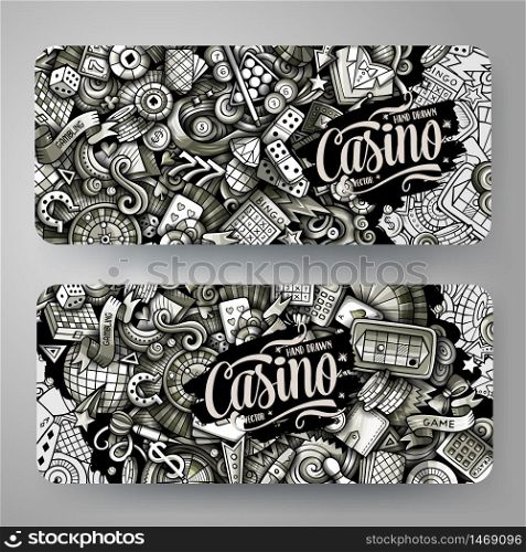Casino vector hand drawn doodle banners design. Monochrome cartoon background. Gambling 2 flyers templates set.. Casino vector hand drawn doodle banners design.