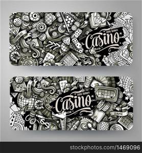 Casino vector hand drawn doodle banners design. Monochrome cartoon background. Gambling 2 flyers templates set.. Casino vector hand drawn doodle banners design.