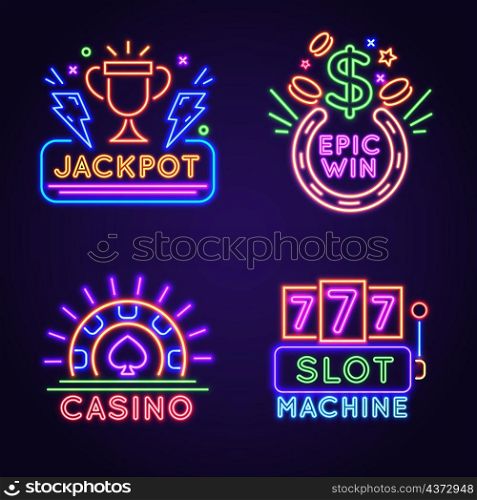 Casino vegas street wall neon game winning sign. 777 gambling slot machine. Glowing lucky jackpot banner with trophy. Casino icon vector set. Illustration of neon gamble light. Casino vegas street wall neon game winning sign. 777 gambling slot machine. Glowing lucky jackpot banner with trophy. Casino icon vector set