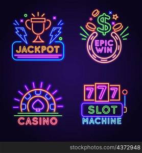 Casino vegas street wall neon game winning sign. 777 gambling slot machine. Glowing lucky jackpot banner with trophy. Casino icon vector set. Illustration of neon gamble light. Casino vegas street wall neon game winning sign. 777 gambling slot machine. Glowing lucky jackpot banner with trophy. Casino icon vector set