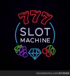 Casino vegas vector poster with slot machine bright neon icons. Jackpot and poker, casino banner with slot machine illustration. Casino vegas vector poster with slot machine bright neon icons